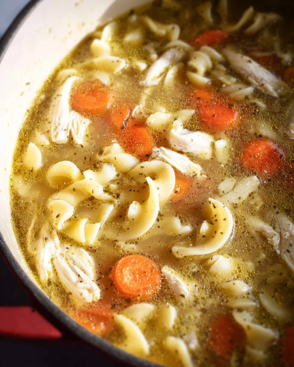 Homemade chicken noodle soup served in a bowl with fresh ingredients.