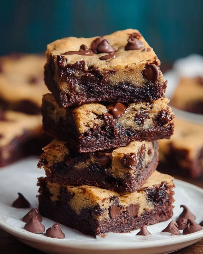 Delicious chocolate chip cookie brownies served on a plate