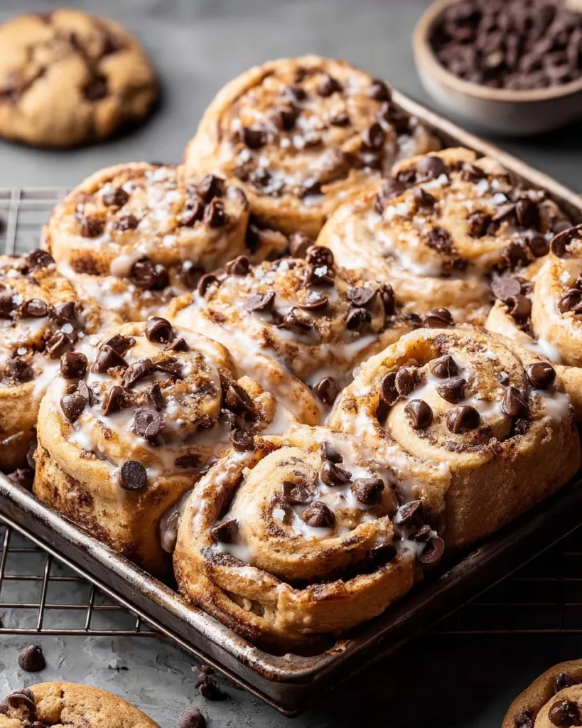 Chocolate Chip Cookie Rolls fresh out of the oven on a cooling rack