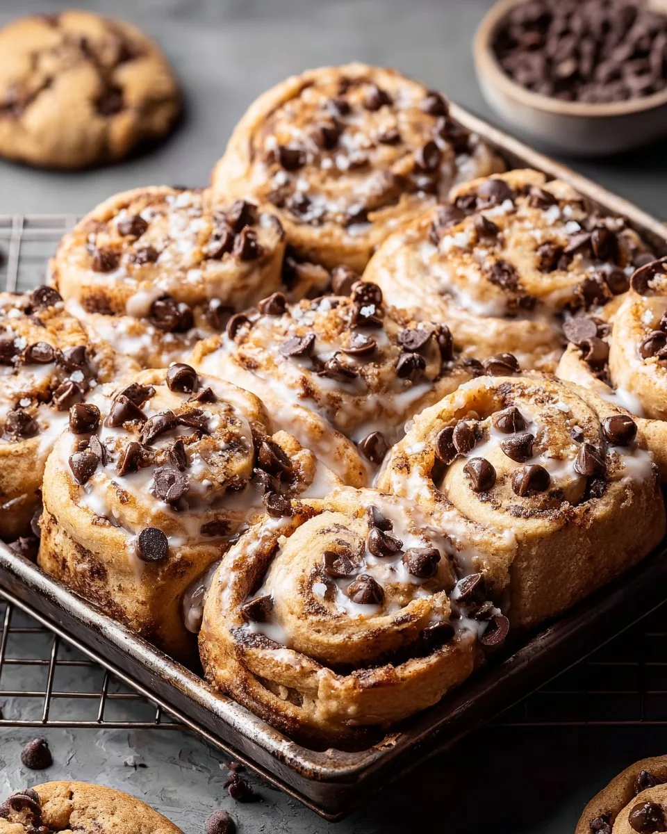 Chocolate Chip Cookie Rolls fresh out of the oven on a cooling rack