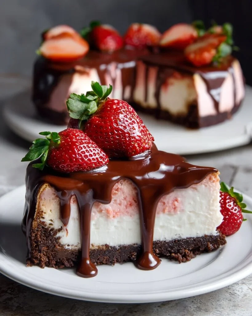 Delicious chocolate covered strawberry cheesecake slice on a plate