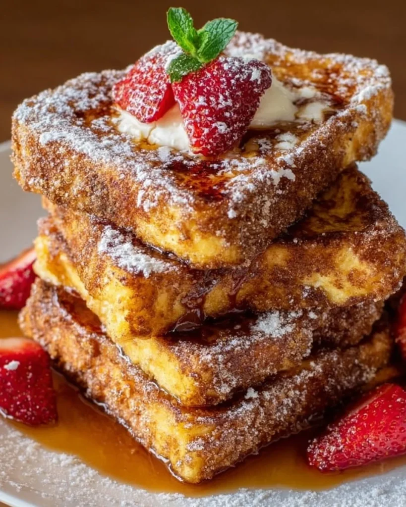 Delicious plate of Churro French Toast drizzled with syrup and sprinkled with cinnamon sugar.