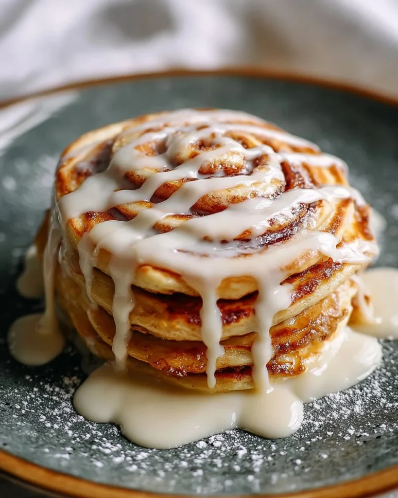 Fluffy cinnamon roll pancakes drizzled with icing on a plate