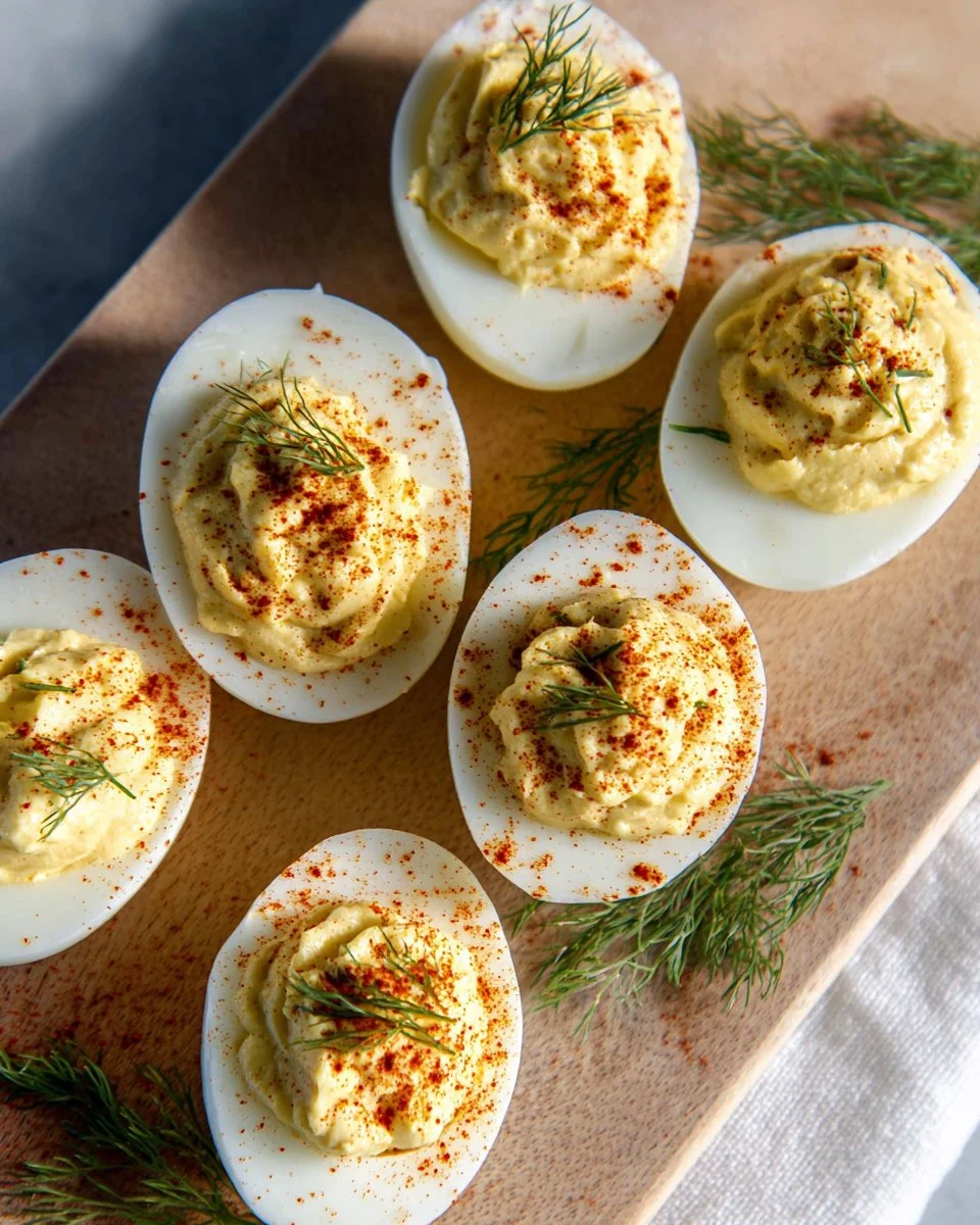 Classic deviled eggs on a platter garnished with paprika and herbs