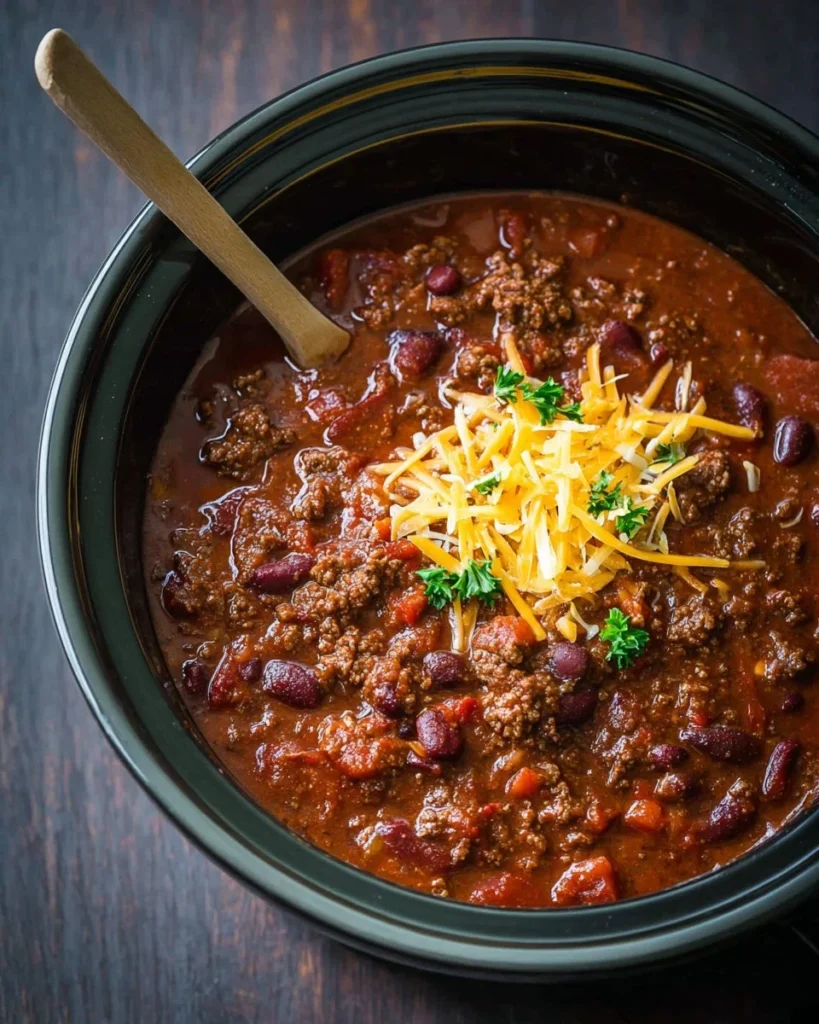 Bowl of classic slow cooker chili topped with cheddar cheese and cilantro