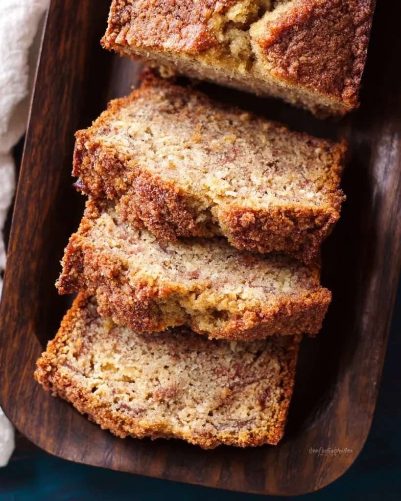Delicious Coffee Cake Banana Bread loaf sliced on a wooden cutting board