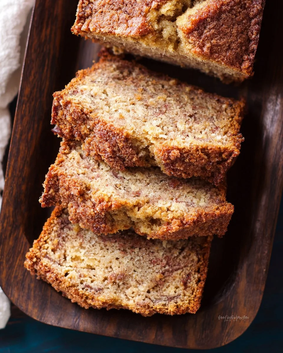 Delicious Coffee Cake Banana Bread loaf sliced on a wooden cutting board