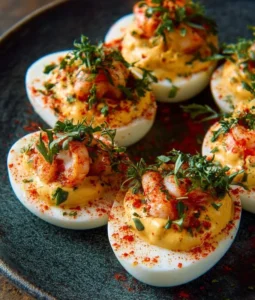 Crawfish deviled eggs topped with a sprinkle of paprika, served on a white platter