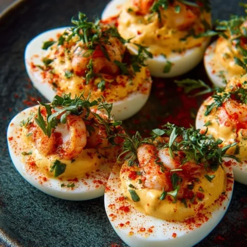 Crawfish deviled eggs topped with a sprinkle of paprika, served on a white platter