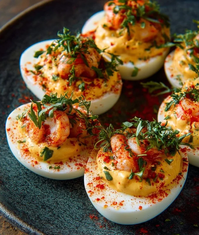 Crawfish deviled eggs topped with a sprinkle of paprika, served on a white platter
