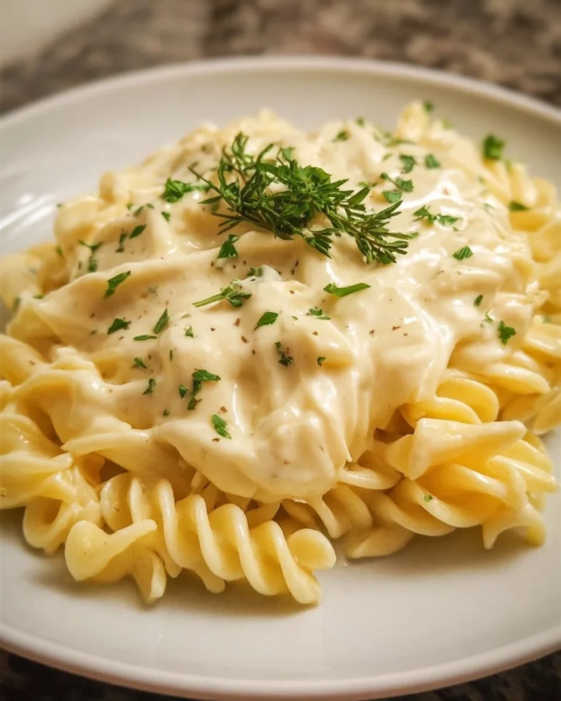 Delicious Cream Cheese Alfredo Sauce ready to serve over pasta.