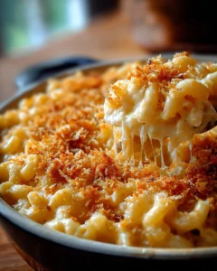 Creamy baked mac & cheese with a crispy topping served in a dish.