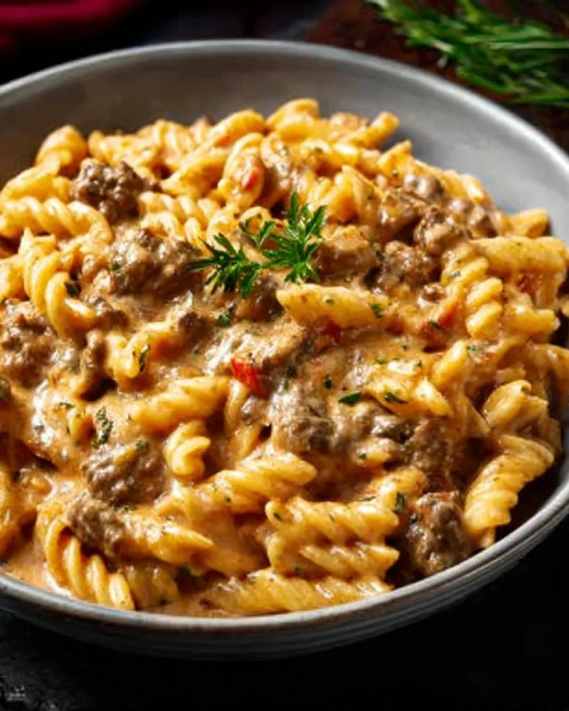 Creamy beef pasta dish topped with fresh herbs and parmesan cheese.
