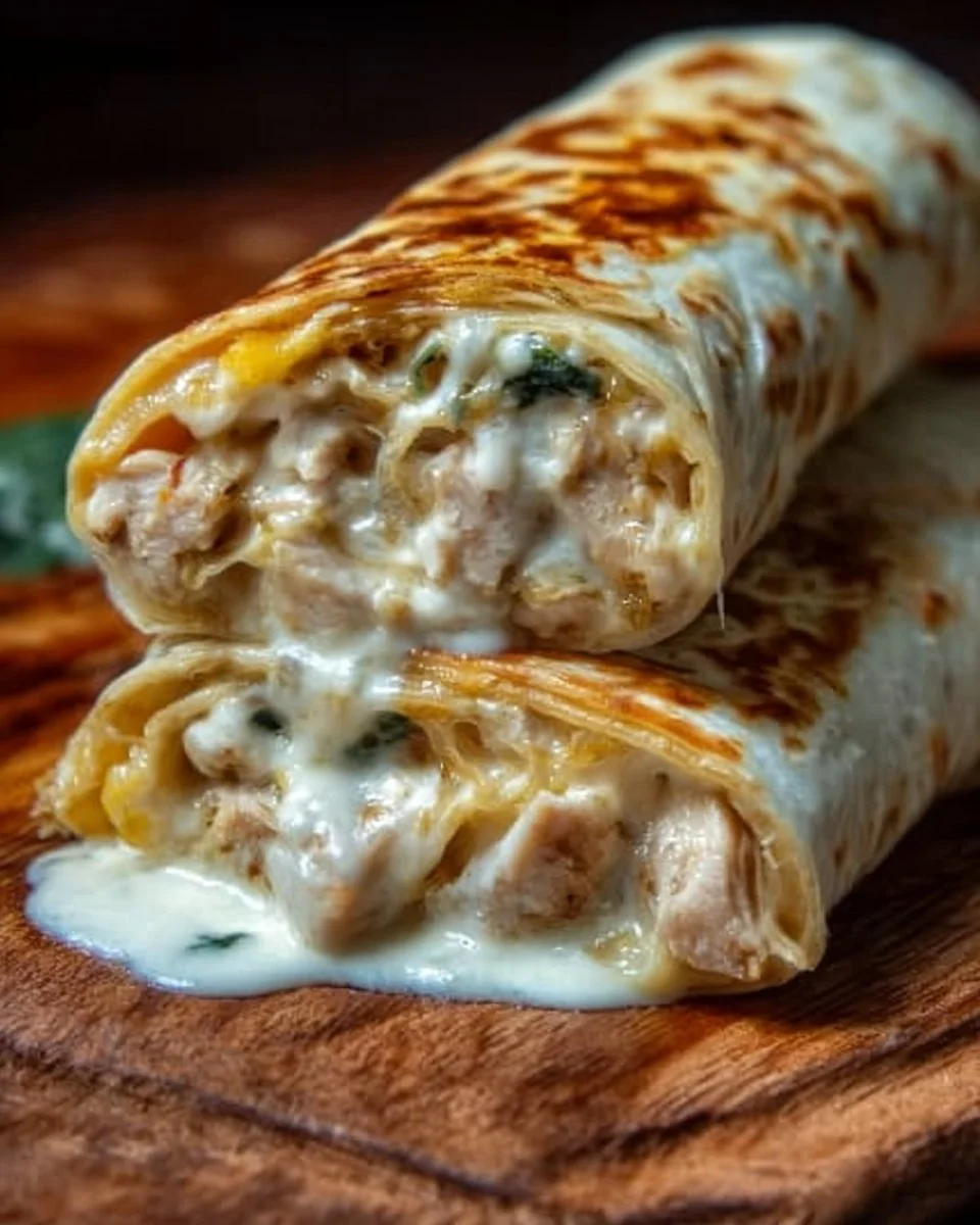 Creamy cheesy chicken Alfredo wraps served on a plate