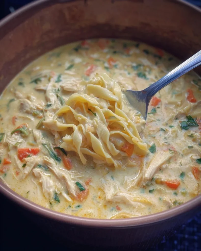 Bowl of creamy chicken noodle soup with herbs and vegetables