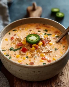 Bowl of creamy cowboy soup with Tex-Mex ingredients and spices