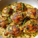 Creamy garlic chicken thighs served in a restaurant-style dish