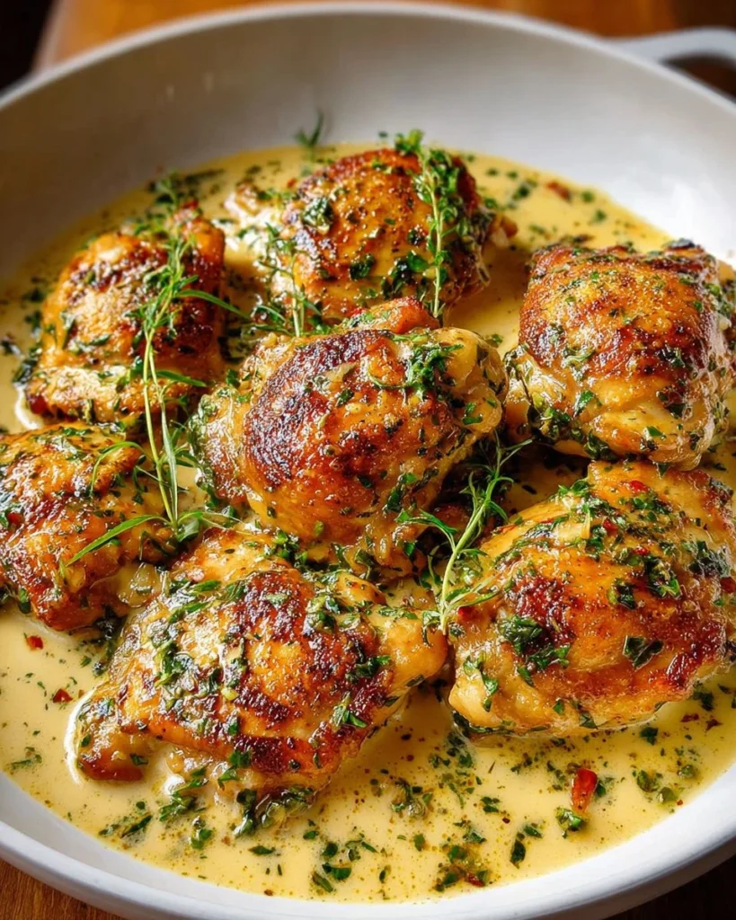 Creamy garlic chicken thighs served in a restaurant-style dish
