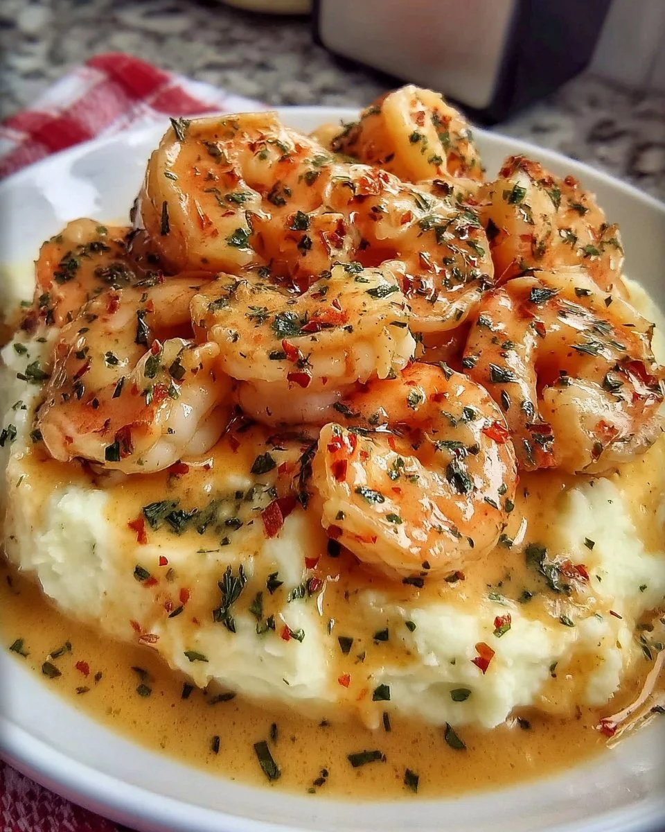 Creamy garlic shrimp atop a bed of smooth mashed potatoes served in a bowl.