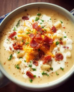 Creamy loaded baked potato soup in a bowl, garnished with green onions and bacon.