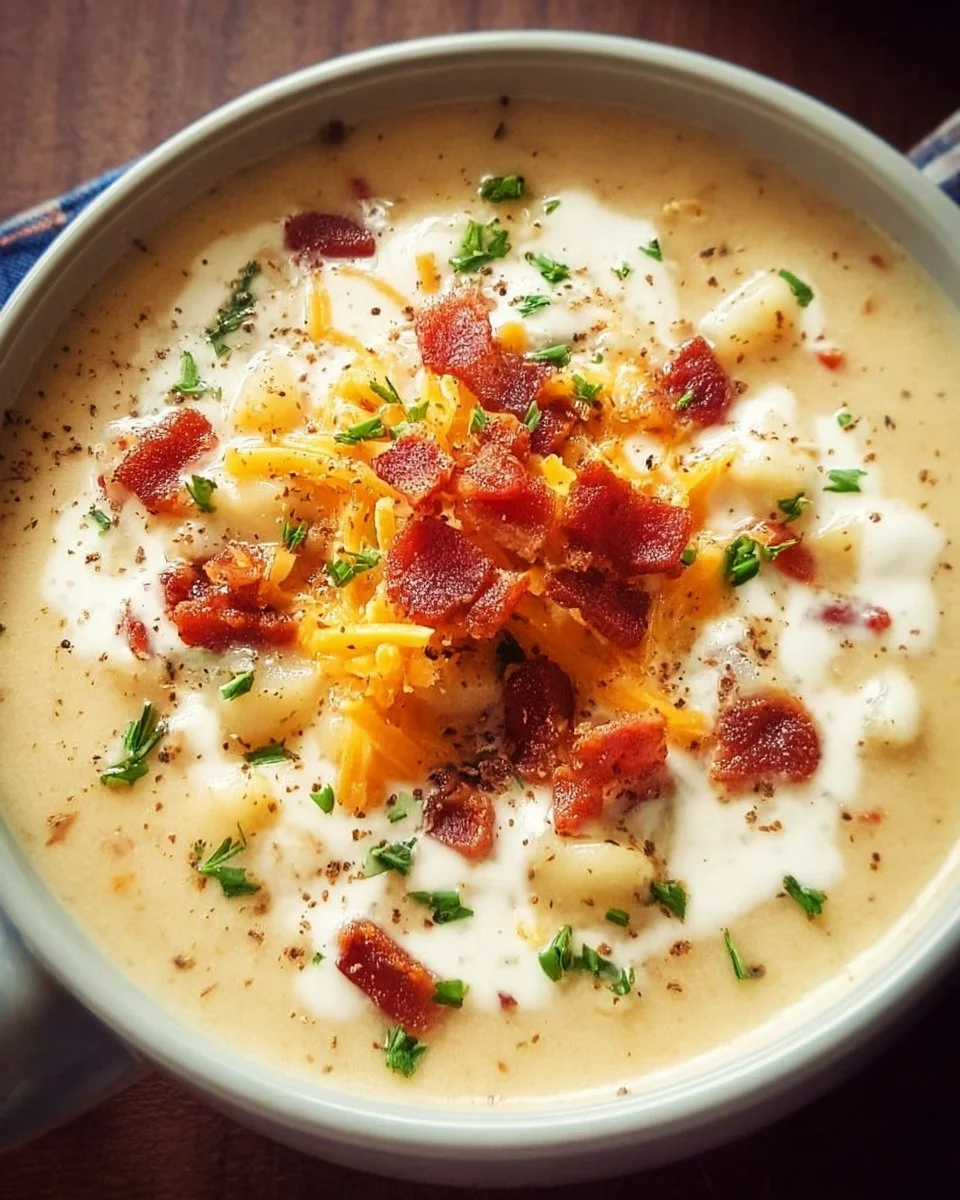 Creamy loaded baked potato soup in a bowl, garnished with green onions and bacon.