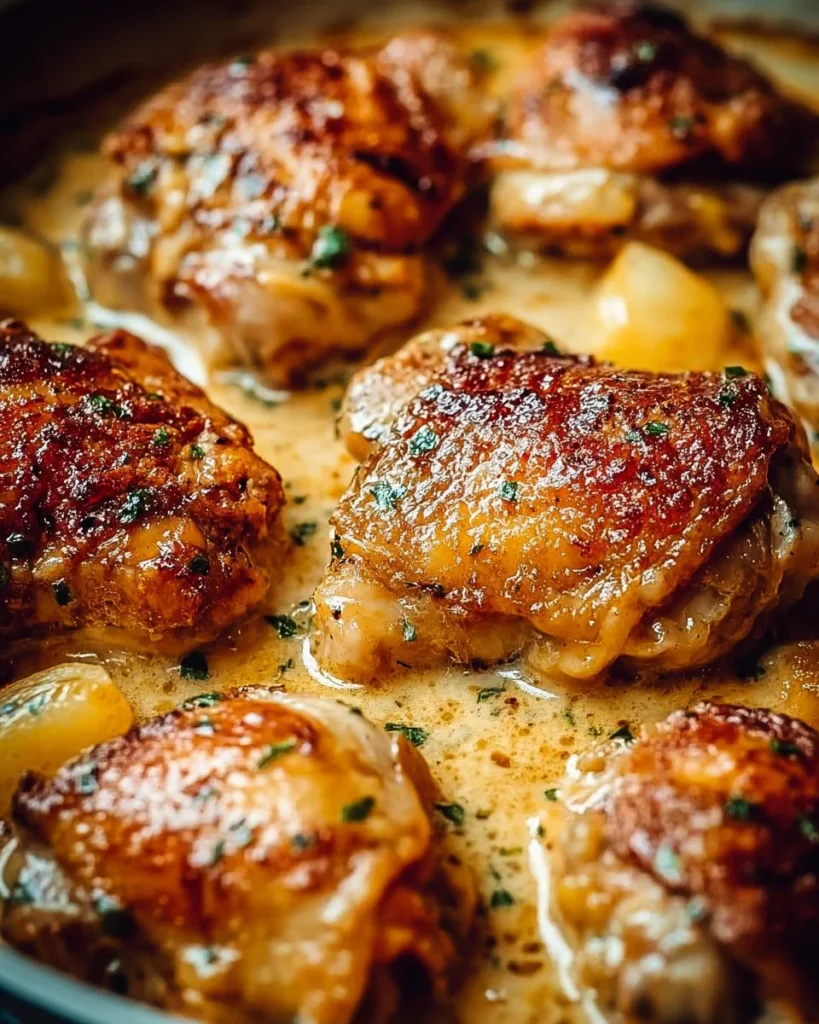 Creamy oven baked chicken thighs served on a plate with herbs