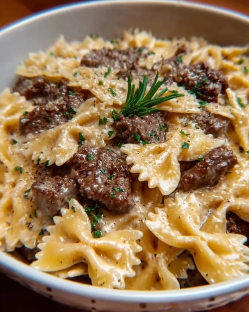 Creamy Parmesan garlic beef bowtie pasta served in a bowl