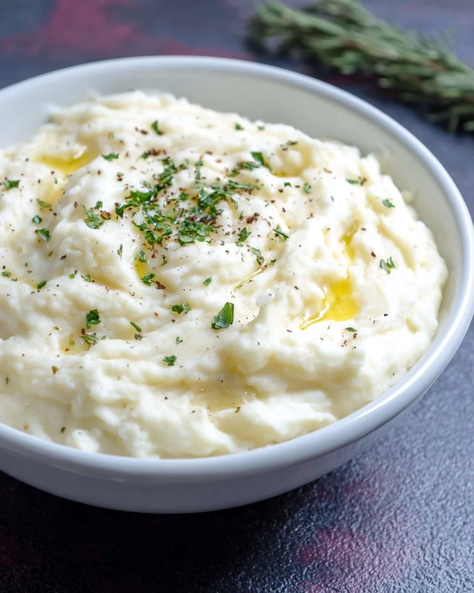 Bowl of creamy Southern mashed potatoes with butter and herbs