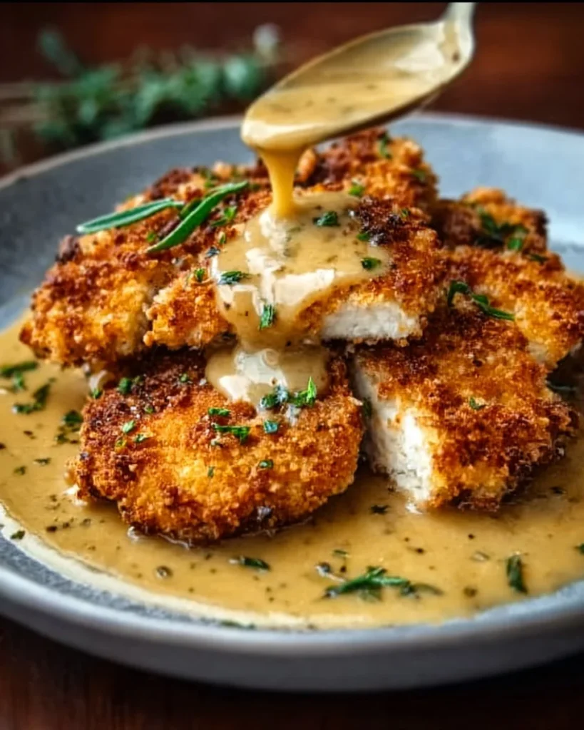 Crispy Parmesan Chicken served with rich garlic sauce on a white plate