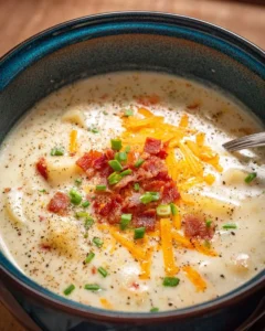 Delicious crockpot potato soup served in a bowl with herbs on top