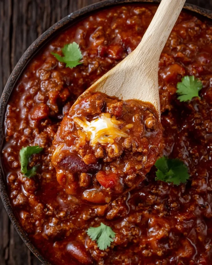 Easy 5 ingredient chili recipe in a bowl garnished with cilantro