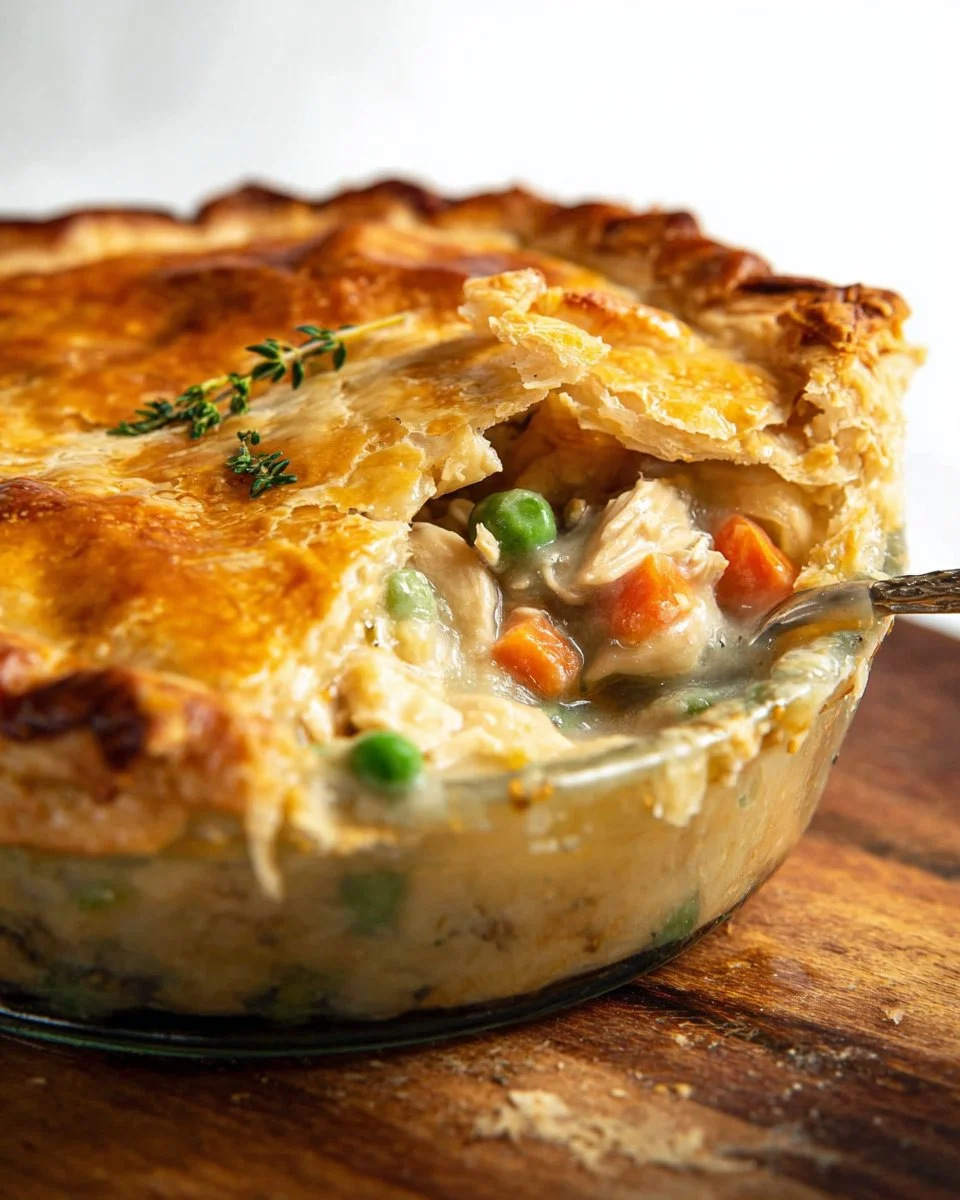 Delicious easy chicken pot pie served with a golden flaky crust and creamy filling.