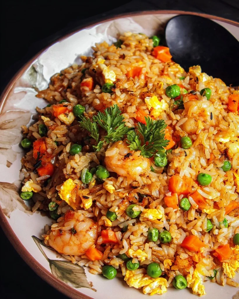 Plate of easy egg fried rice garnished with green onions