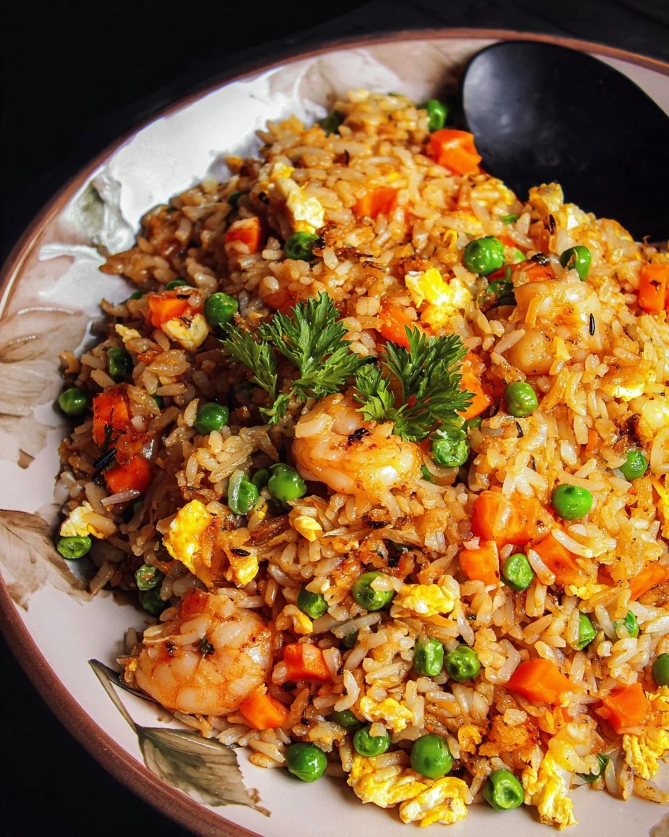 Plate of easy egg fried rice garnished with green onions