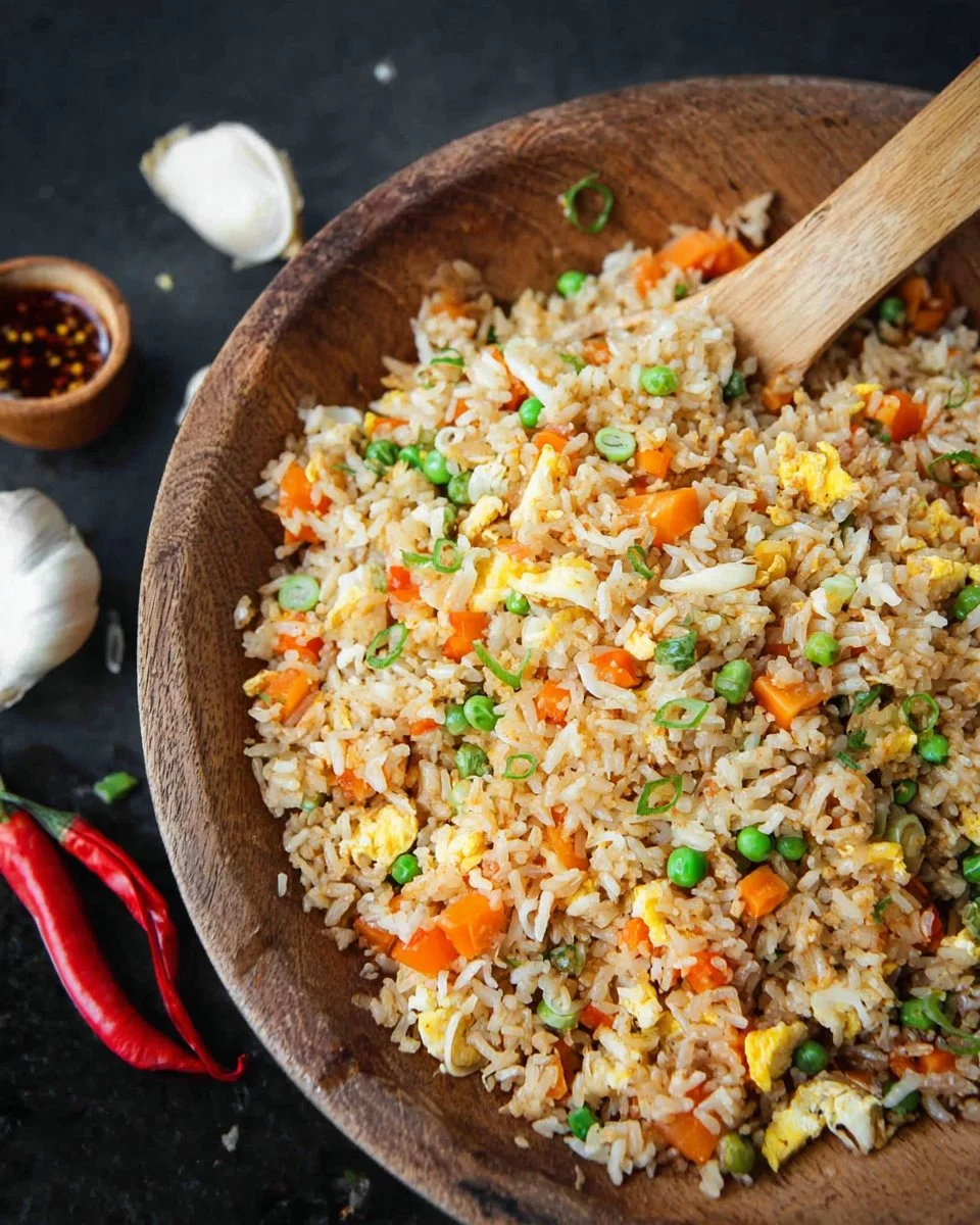 Bowl of easy fried rice with colorful veggies and scrambled eggs
