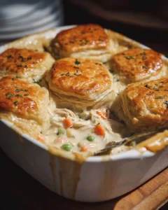 Delicious homemade chicken pot pie casserole ready to serve, topped with golden crust.