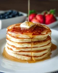 Stack of fluffy homemade pancakes topped with maple syrup and berries