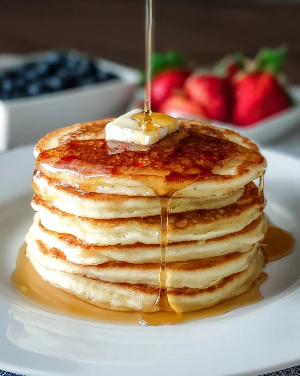 Stack of fluffy homemade pancakes topped with maple syrup and berries