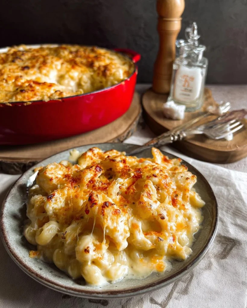 Baked Gruyere mac n cheese topped with crispy breadcrumbs in a baking dish.