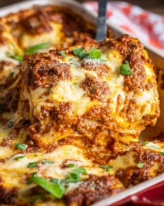 A delicious serving of easy lasagna made with no boil noodles.