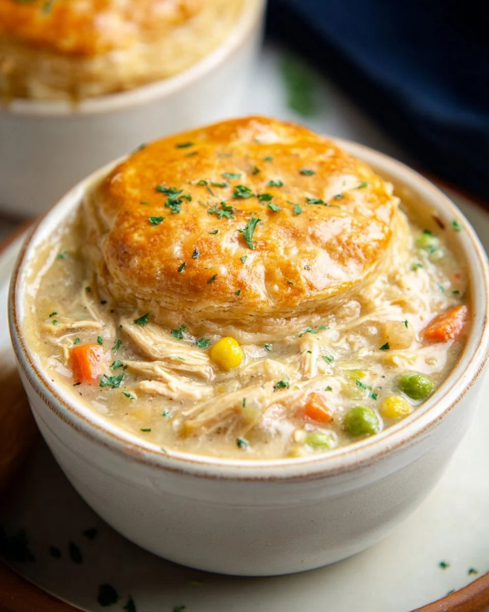 Easy slow cooker chicken pot pie recipe with vegetables and creamy filling.