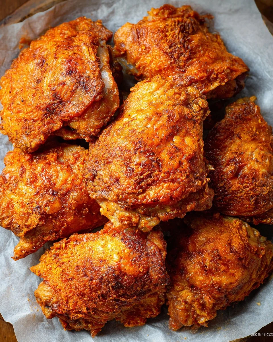 Extra Crispy Oven-Fried Chicken Thighs served on a plate with herbs