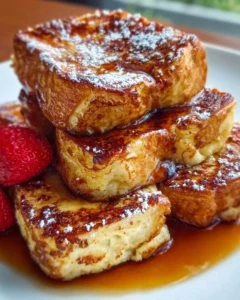 Delicious Hawaiian Roll French Toast served on a plate with syrup and fruit.