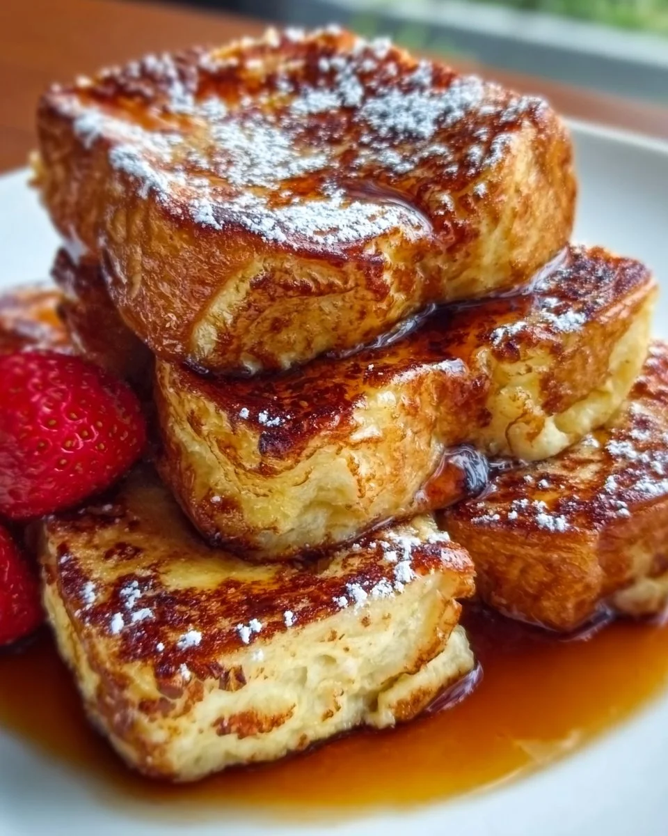 Delicious Hawaiian Roll French Toast served on a plate with syrup and fruit.