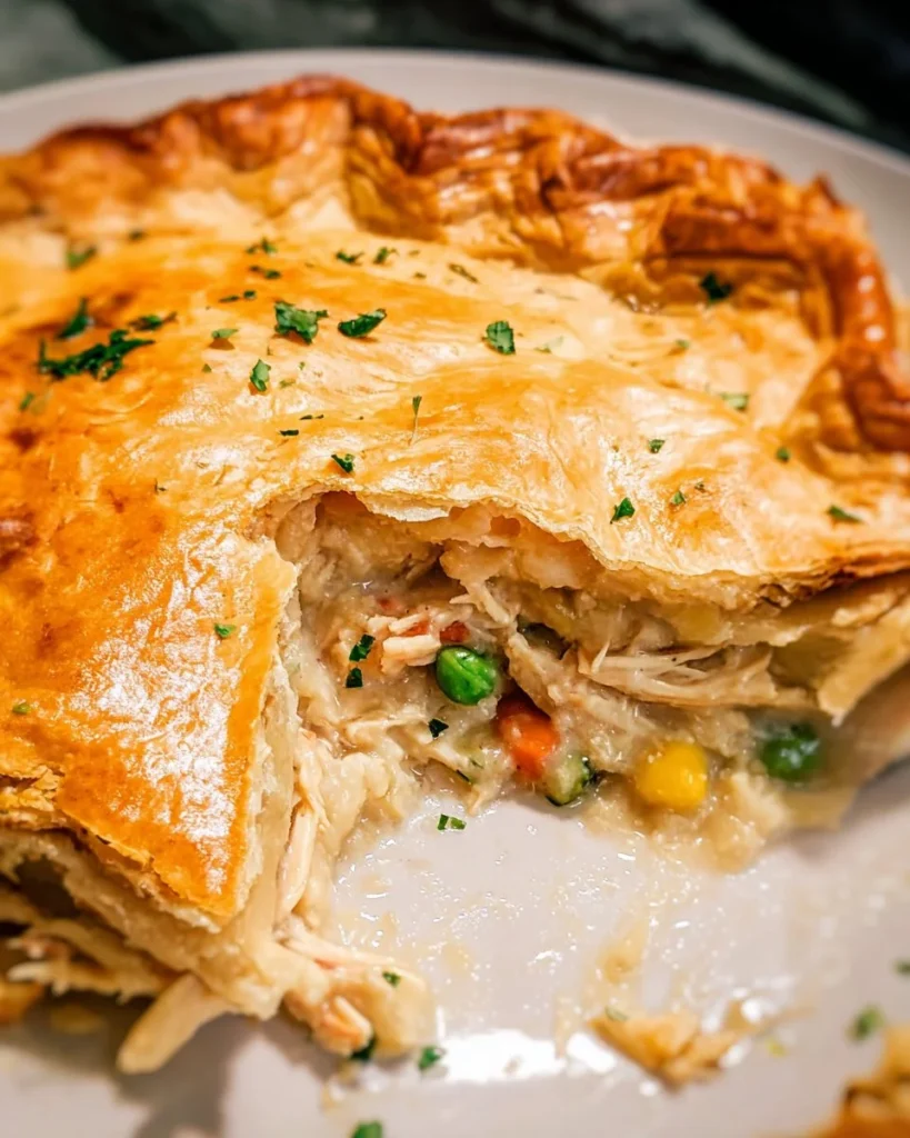 Homemade chicken pot pie with golden crust and savory filling