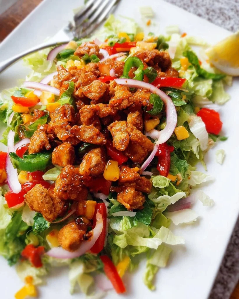 A vibrant Honey Hot Chicken Salad topped with spicy chicken and fresh greens.