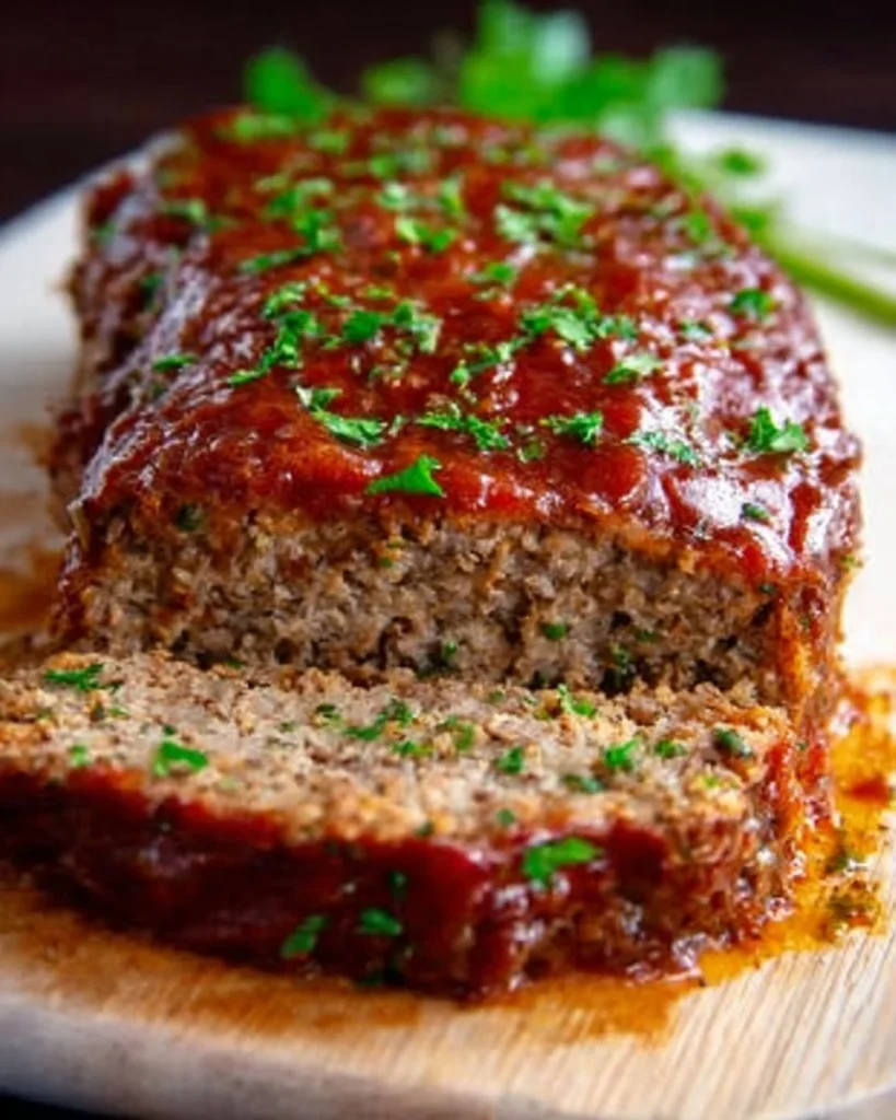 Ina Garten's easy meatloaf recipe served on a plate with garnishes.