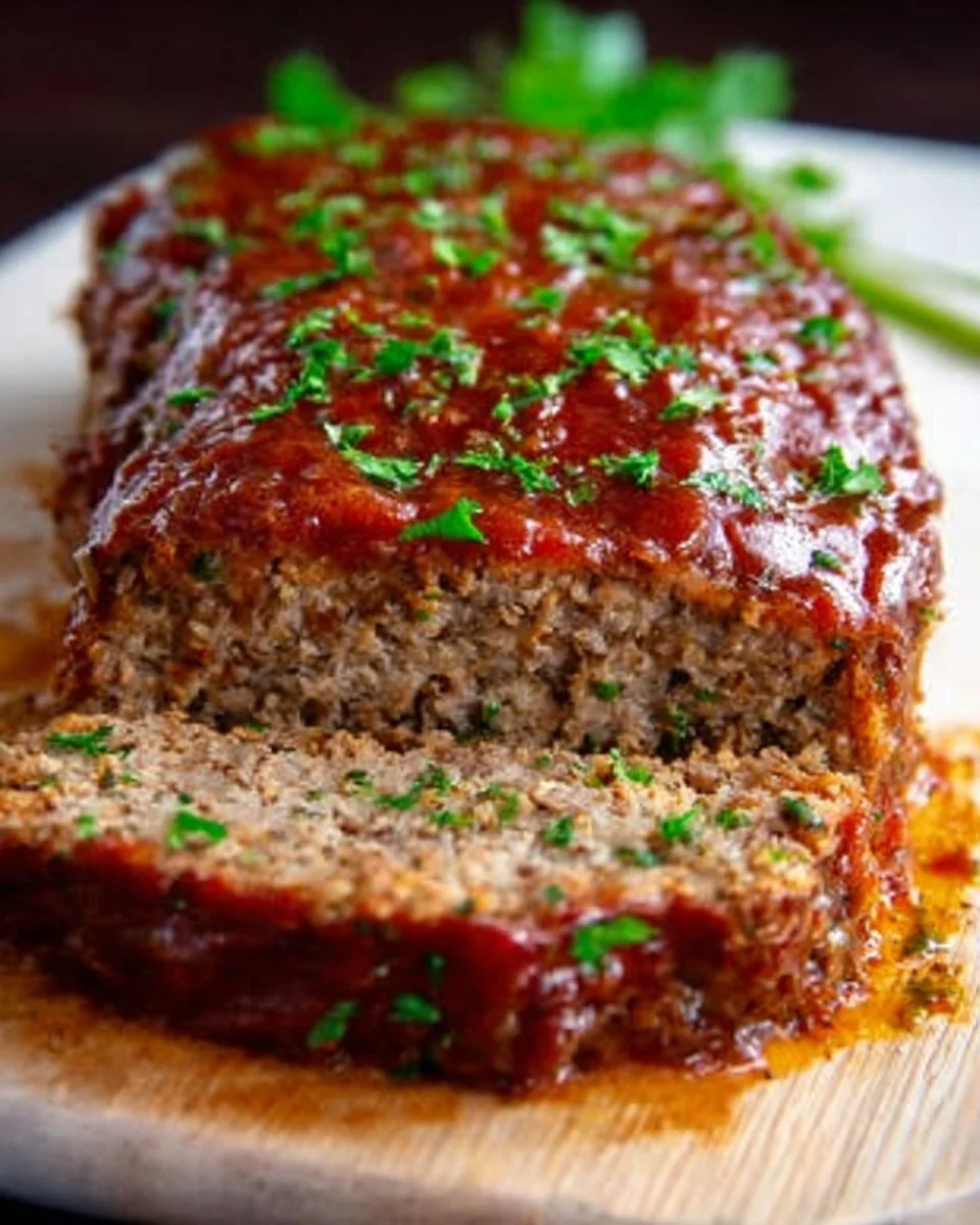 Ina Garten's easy meatloaf recipe served on a plate with garnishes.