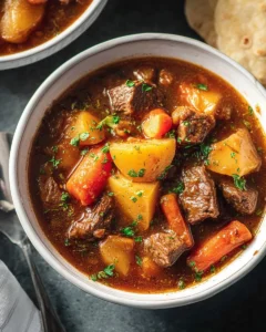 A bowl of savory Instant Pot beef stew served with fresh herbs
