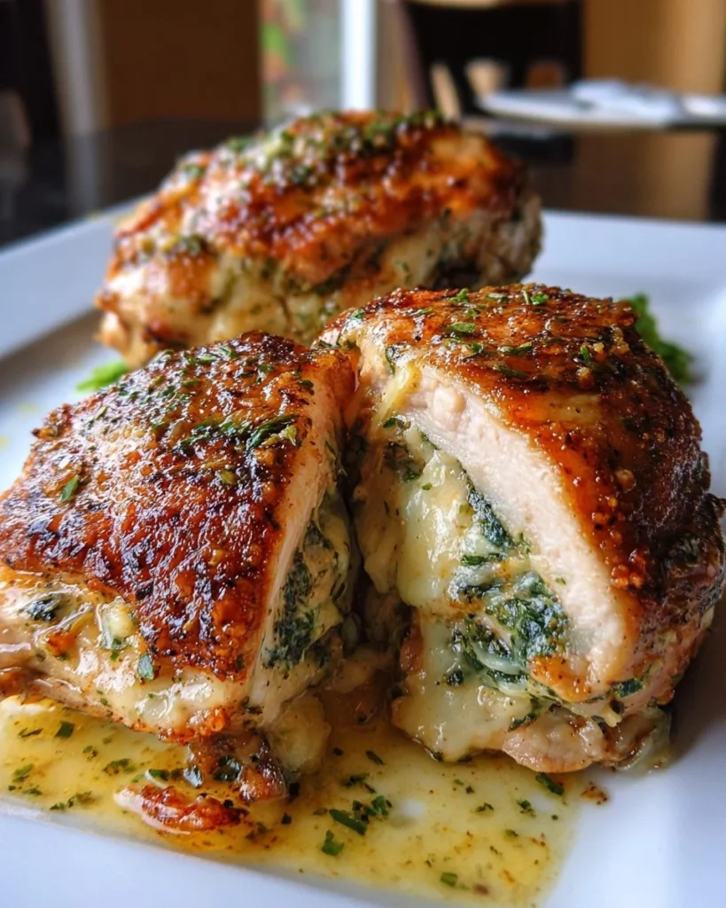 Ruth's Chris inspired stuffed chicken recipe served with sides